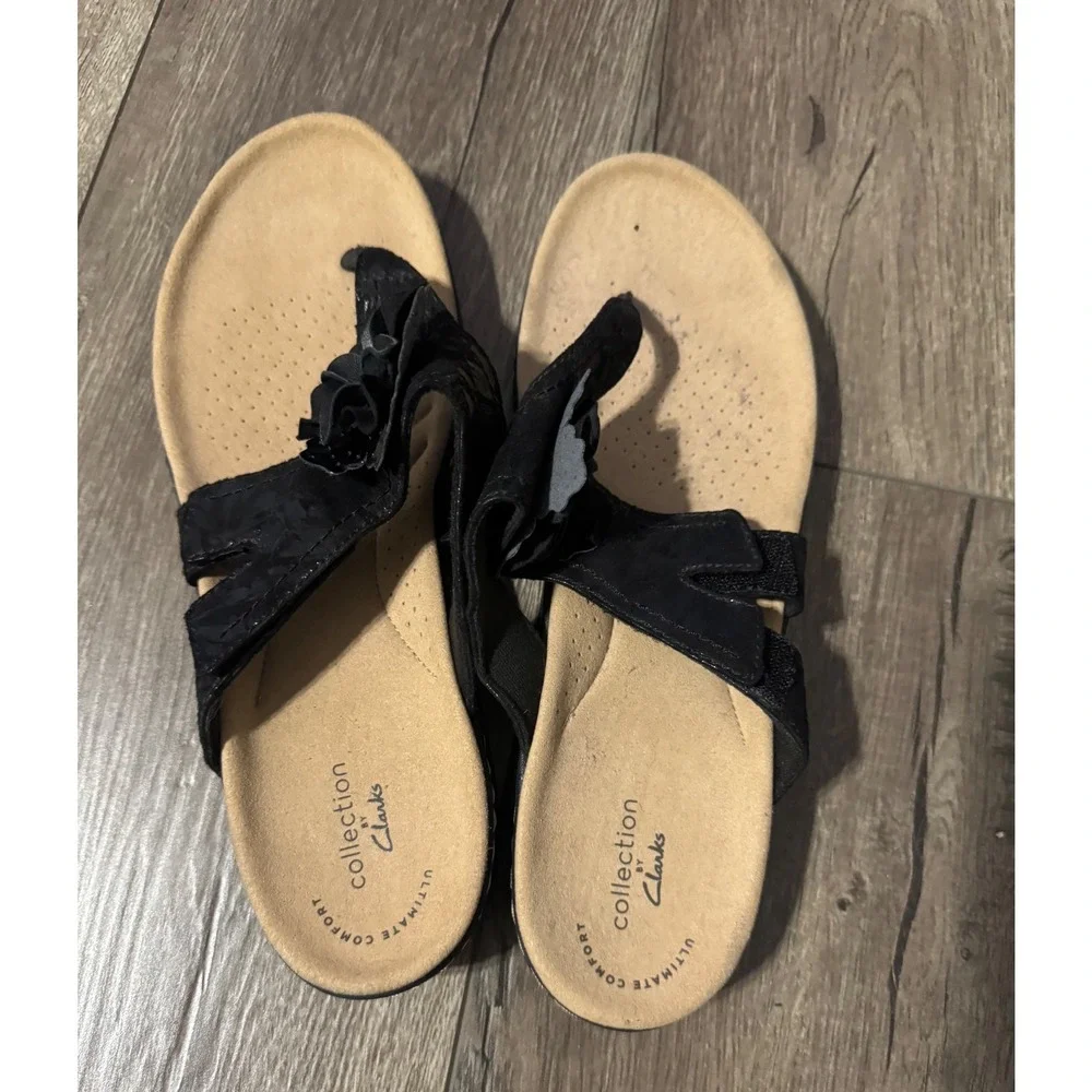 Clarks Laurieann Gema Black Flower Thong Sandals Women's US‎ 9